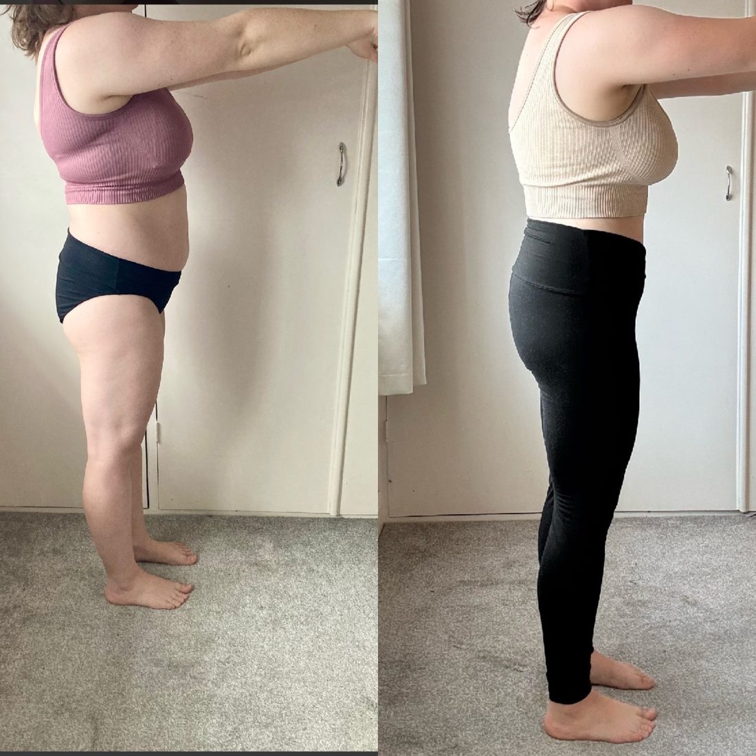 Before and after body transformation photo of a With Grit Coaching client