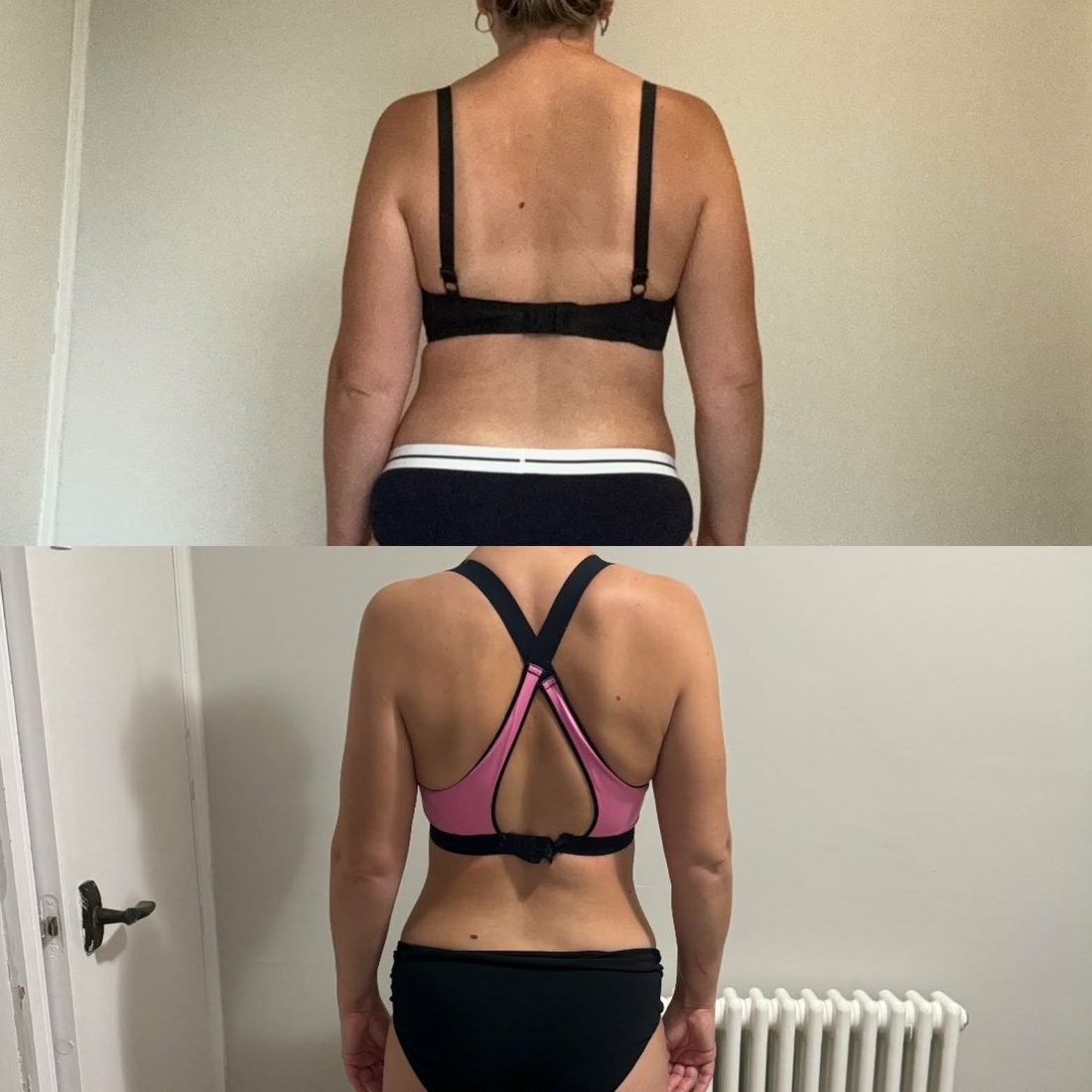 Before and after body transformation photo of a With Grit Coaching client