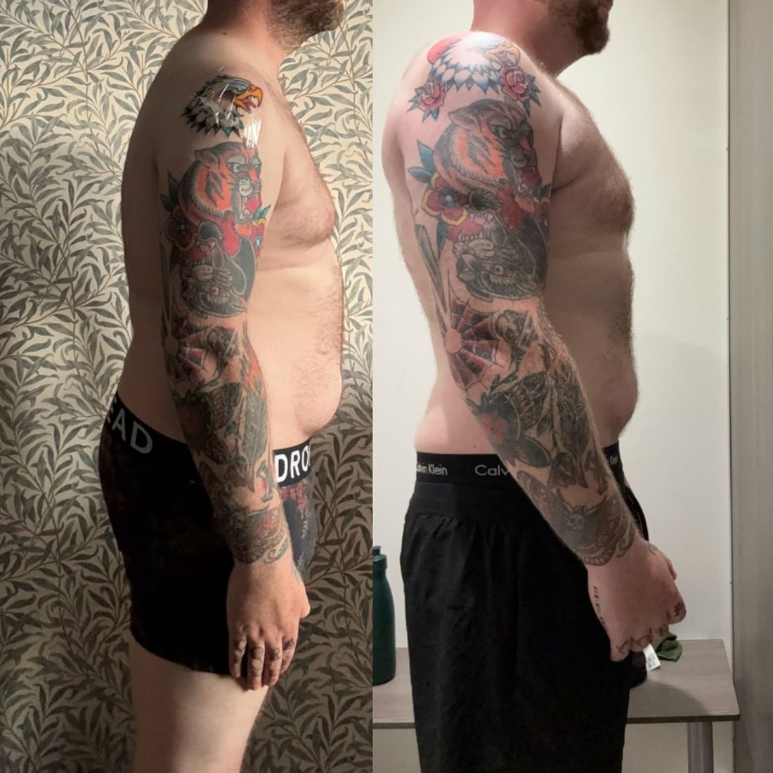 Before and after body transformation photo of a With Grit Coaching client