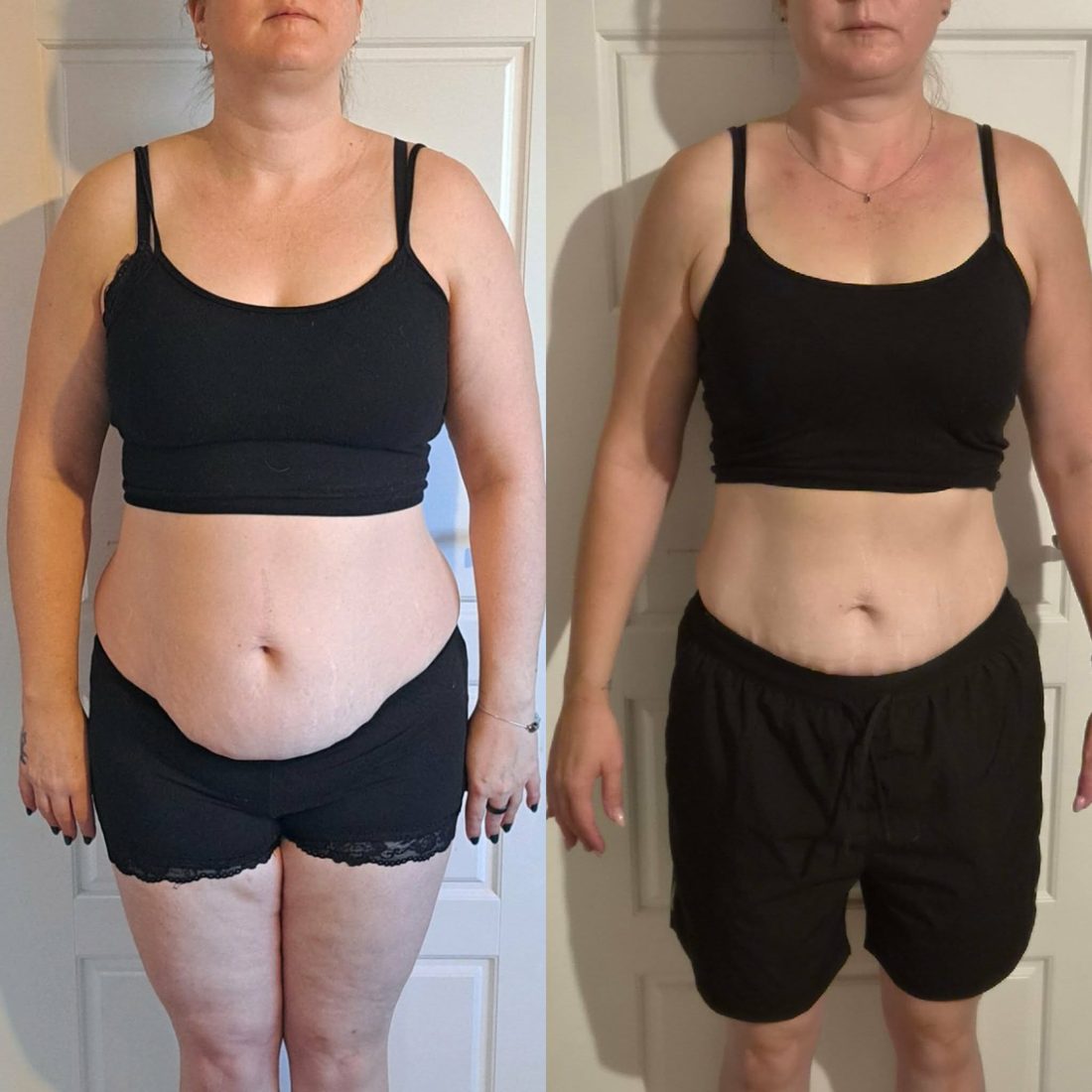 Before and after body transformation photo of a With Grit Coaching client